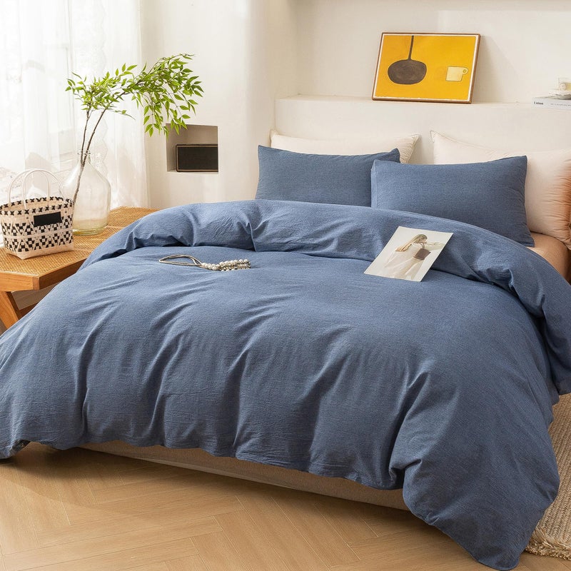 ECOCOTT Denim Blue Duvet Cover King Size, 100% Washed Cotton 1 Duvet Cover with Zipper and 2 Pillowcases, Ultra Soft and Easy Care Breathable Cozy Bedding Set (Denim Blue, King) - Image 4